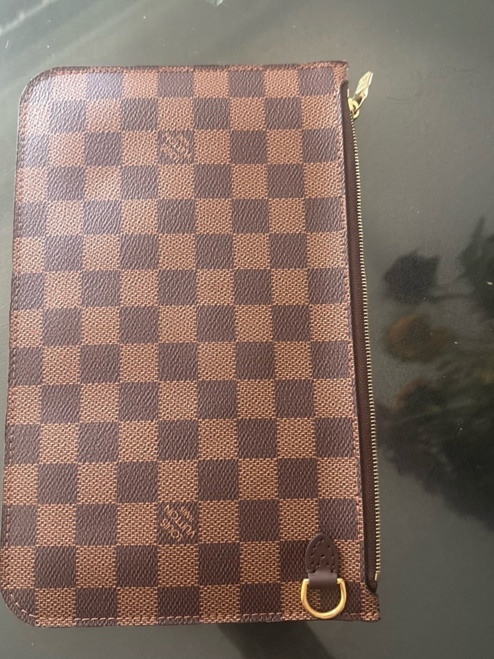Louis Vuitton Brown Checkered Zip Pouch with Gold Hardware
